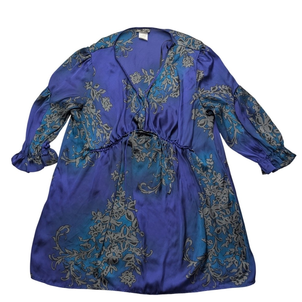 Evolution by JMS Tunic Top Womens 2X Blue Floral Satin Drawstring Ruffle JM0408